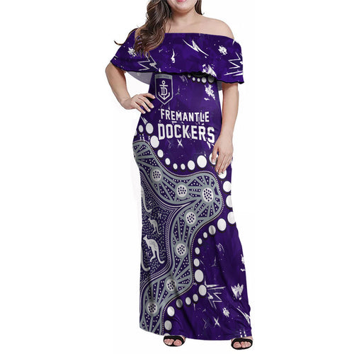 Personalized Fremantle Dockers Family Matching Off Shoulder Maxi Dress and Hawaiian Shirt Aboriginal Pattern with Graffiti Style