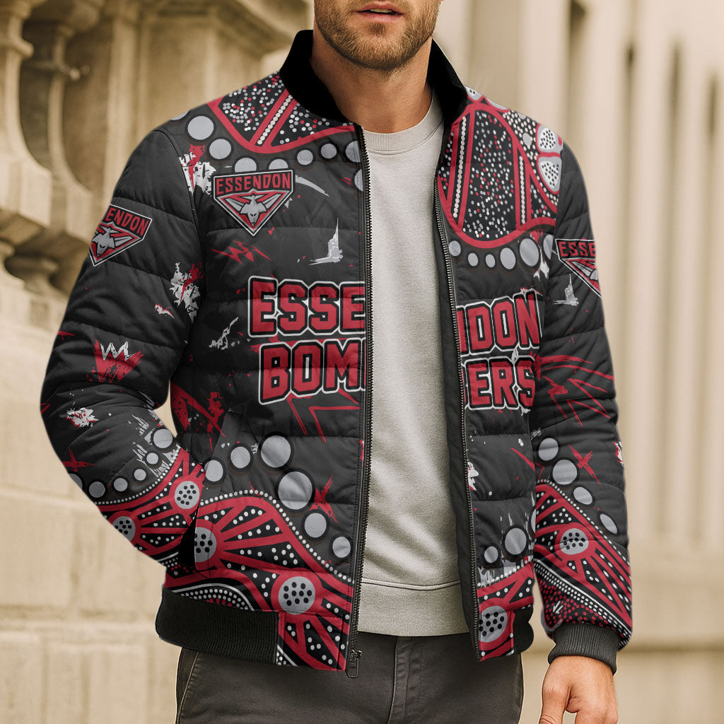 Personalized Essendon Bombers Bomber Puffer Jacket Aboriginal Pattern with Graffiti Style