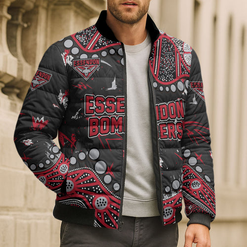Personalized Essendon Bombers Bomber Puffer Jacket Aboriginal Pattern with Graffiti Style