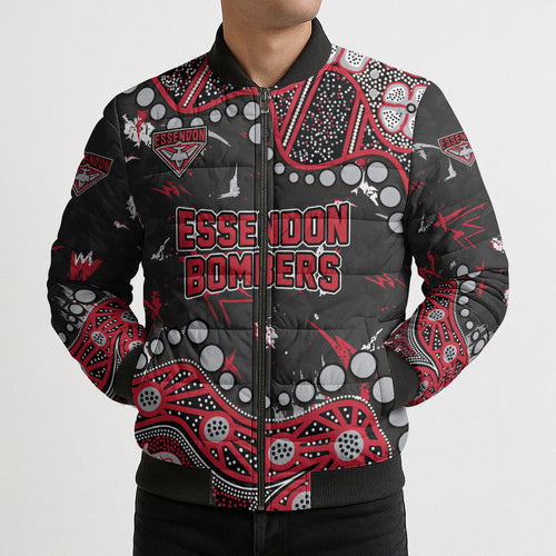 Personalized Essendon Bombers Bomber Puffer Jacket Aboriginal Pattern with Graffiti Style