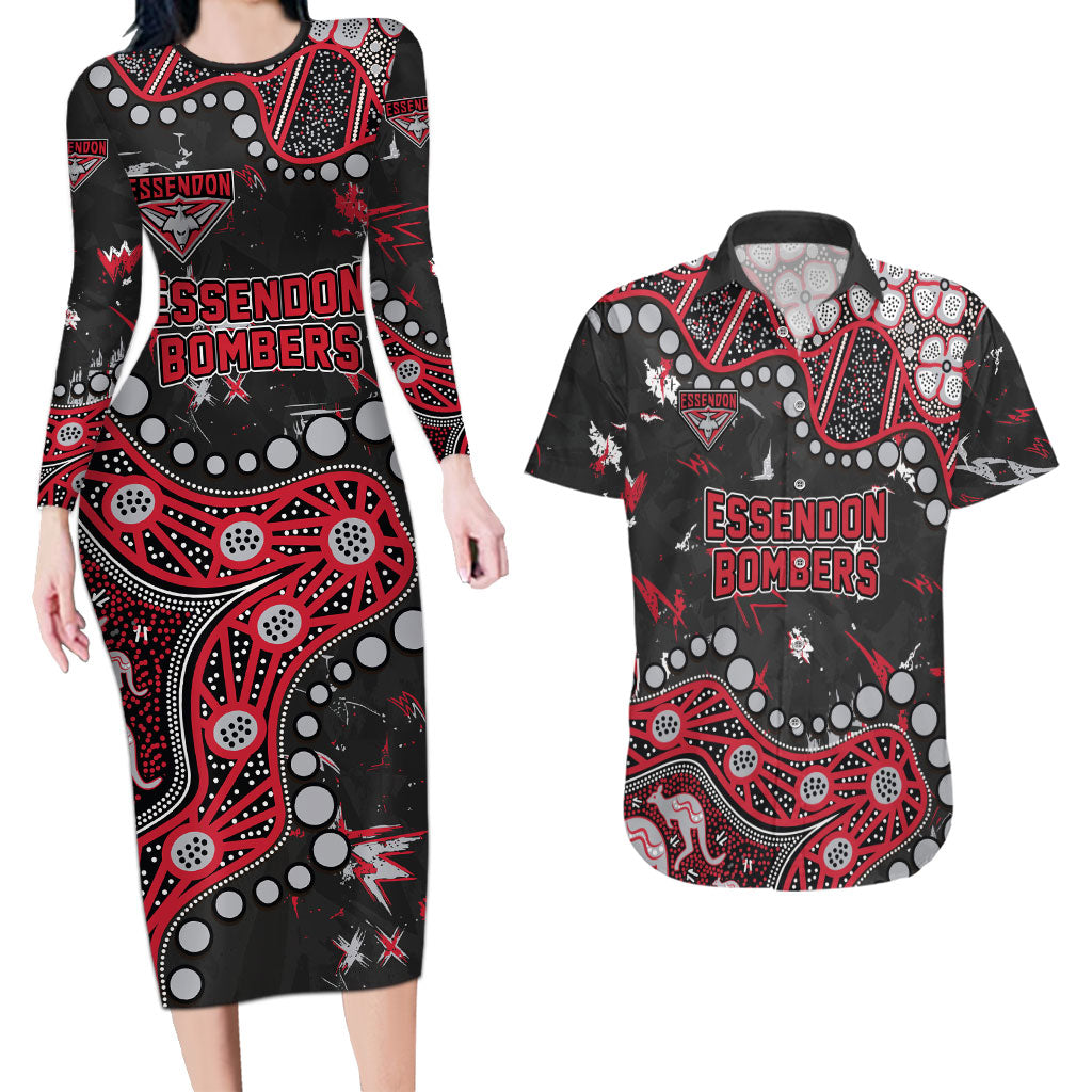 Personalized Essendon Bombers Couples Matching Long Sleeve Bodycon Dress and Hawaiian Shirt Aboriginal Pattern with Graffiti Style