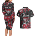 Personalized Essendon Bombers Couples Matching Long Sleeve Bodycon Dress and Hawaiian Shirt Aboriginal Pattern with Graffiti Style