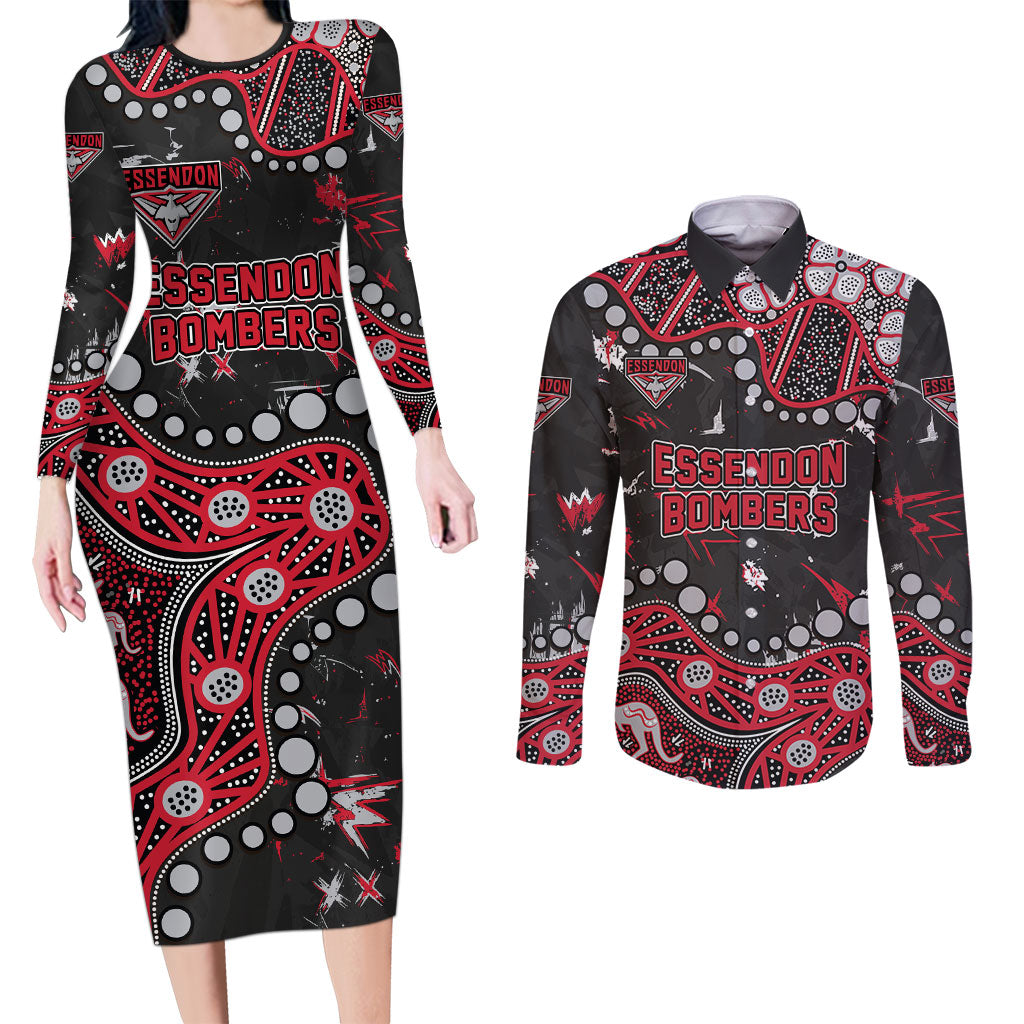 Personalized Essendon Bombers Couples Matching Long Sleeve Bodycon Dress and Long Sleeve Button Shirt Aboriginal Pattern with Graffiti Style