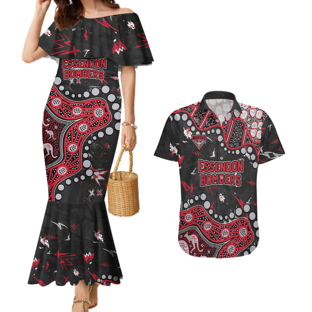 Personalized Essendon Bombers Couples Matching Mermaid Dress and Hawaiian Shirt Aboriginal Pattern with Graffiti Style