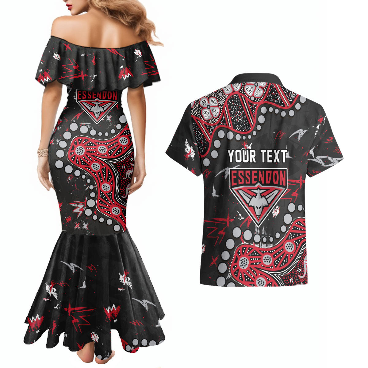 Personalized Essendon Bombers Couples Matching Mermaid Dress and Hawaiian Shirt Aboriginal Pattern with Graffiti Style