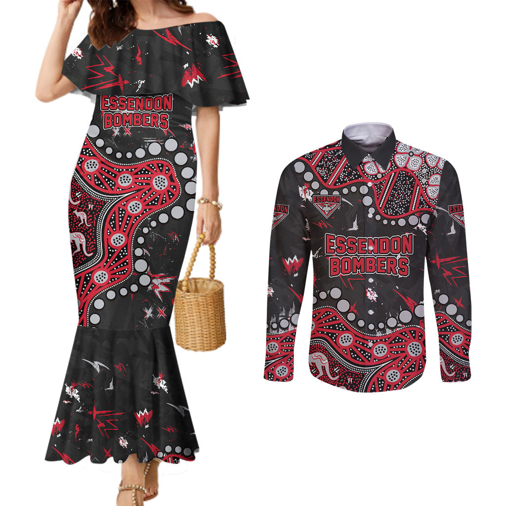 Personalized Essendon Bombers Couples Matching Mermaid Dress and Long Sleeve Button Shirt Aboriginal Pattern with Graffiti Style