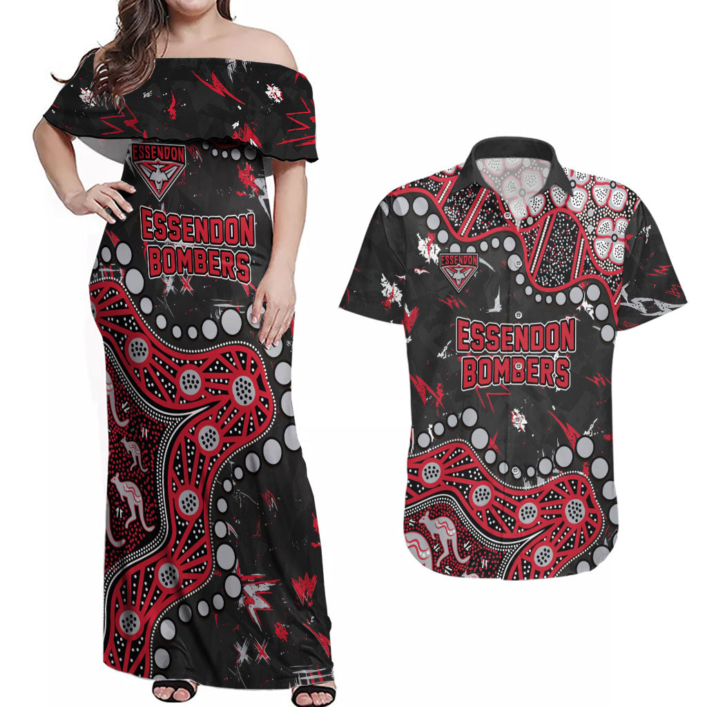 Personalized Essendon Bombers Couples Matching Off Shoulder Maxi Dress and Hawaiian Shirt Aboriginal Pattern with Graffiti Style
