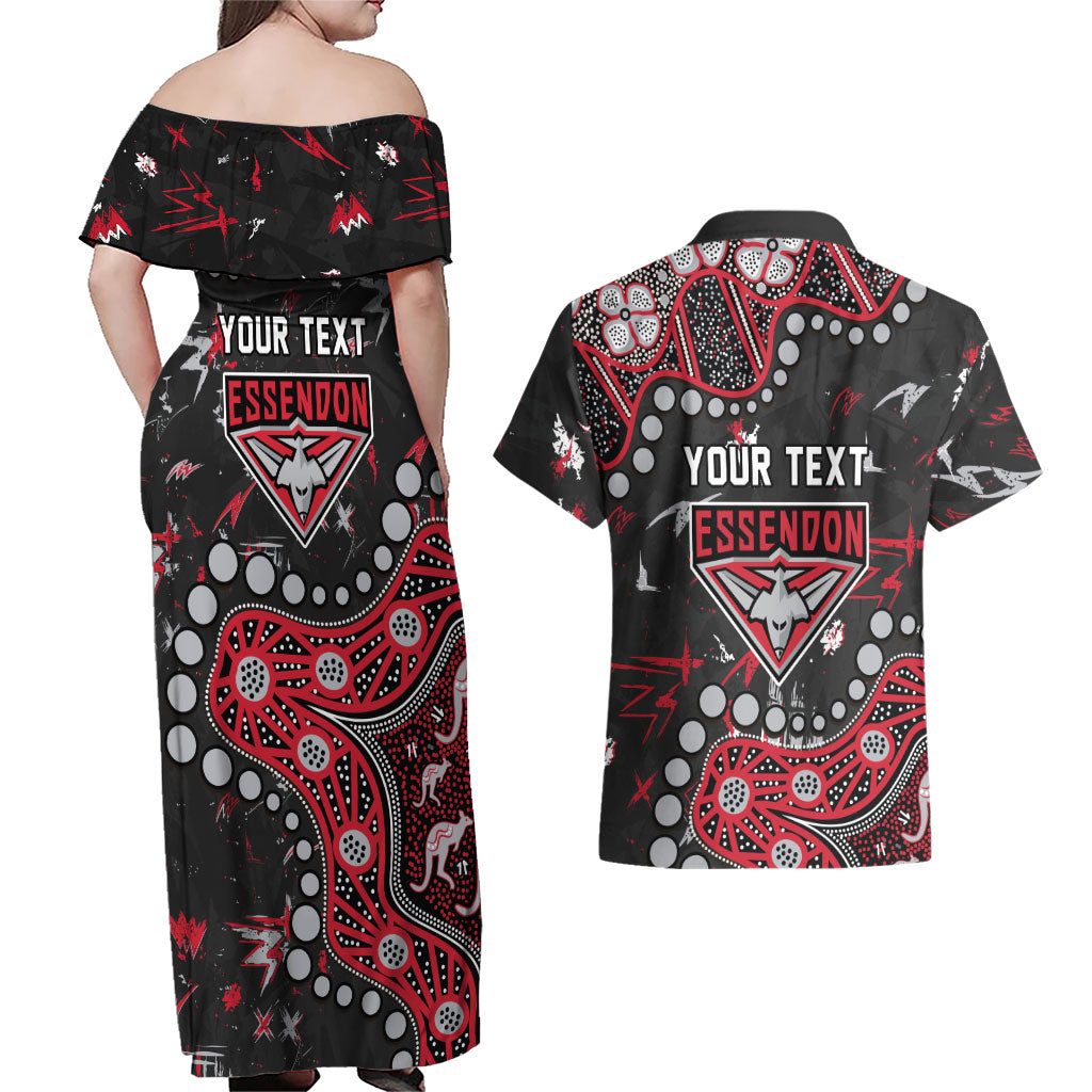 Personalized Essendon Bombers Couples Matching Off Shoulder Maxi Dress and Hawaiian Shirt Aboriginal Pattern with Graffiti Style