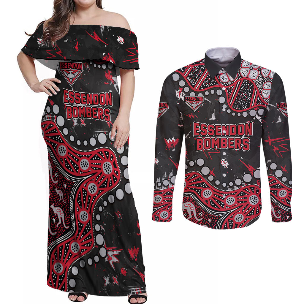 Personalized Essendon Bombers Couples Matching Off Shoulder Maxi Dress and Long Sleeve Button Shirt Aboriginal Pattern with Graffiti Style