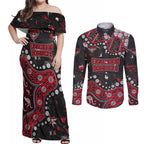 Personalized Essendon Bombers Couples Matching Off Shoulder Maxi Dress and Long Sleeve Button Shirt Aboriginal Pattern with Graffiti Style
