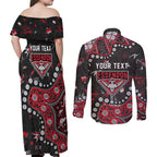 Personalized Essendon Bombers Couples Matching Off Shoulder Maxi Dress and Long Sleeve Button Shirt Aboriginal Pattern with Graffiti Style