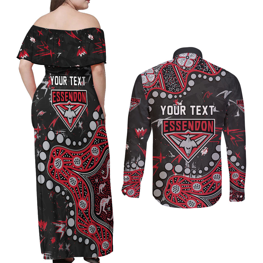 Personalized Essendon Bombers Couples Matching Off Shoulder Maxi Dress and Long Sleeve Button Shirt Aboriginal Pattern with Graffiti Style