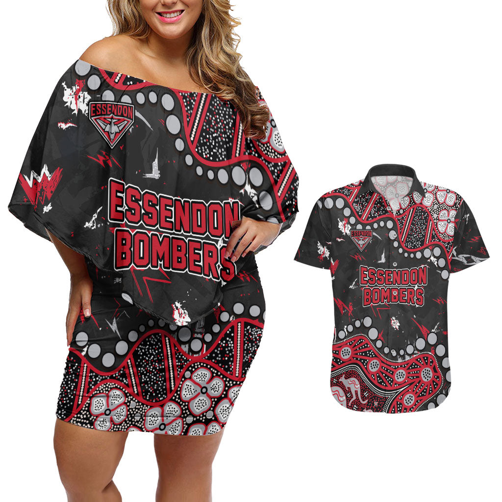Personalized Essendon Bombers Couples Matching Off Shoulder Short Dress and Hawaiian Shirt Aboriginal Pattern with Graffiti Style
