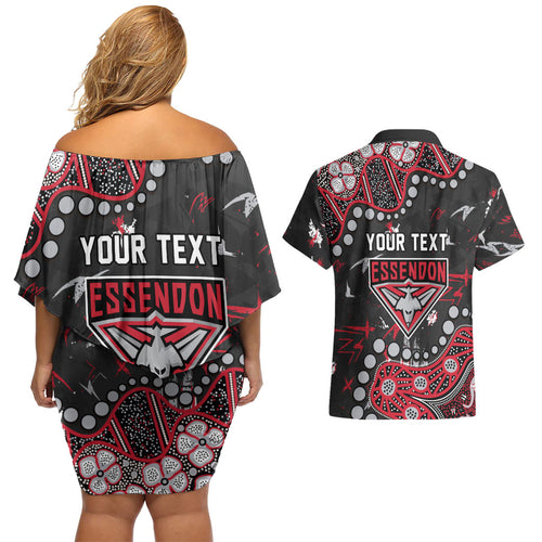 Personalized Essendon Bombers Couples Matching Off Shoulder Short Dress and Hawaiian Shirt Aboriginal Pattern with Graffiti Style