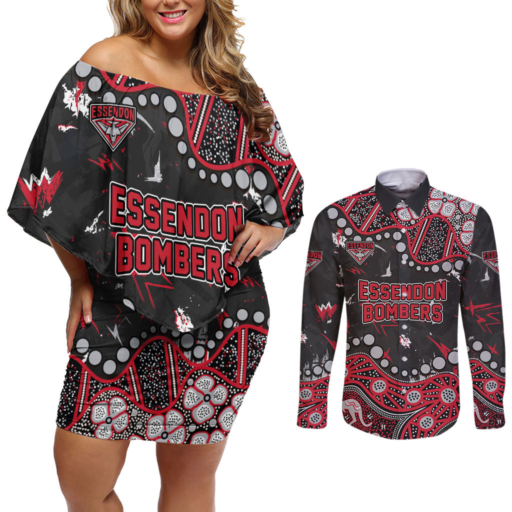 Personalized Essendon Bombers Couples Matching Off Shoulder Short Dress and Long Sleeve Button Shirt Aboriginal Pattern with Graffiti Style