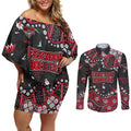 Personalized Essendon Bombers Couples Matching Off Shoulder Short Dress and Long Sleeve Button Shirt Aboriginal Pattern with Graffiti Style