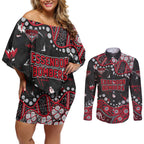 Personalized Essendon Bombers Couples Matching Off Shoulder Short Dress and Long Sleeve Button Shirt Aboriginal Pattern with Graffiti Style