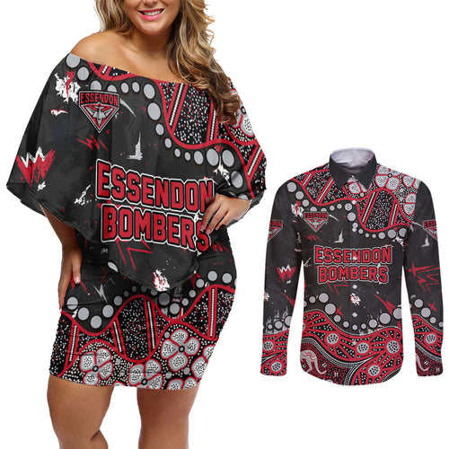 Personalized Essendon Bombers Couples Matching Off Shoulder Short Dress and Long Sleeve Button Shirt Aboriginal Pattern with Graffiti Style