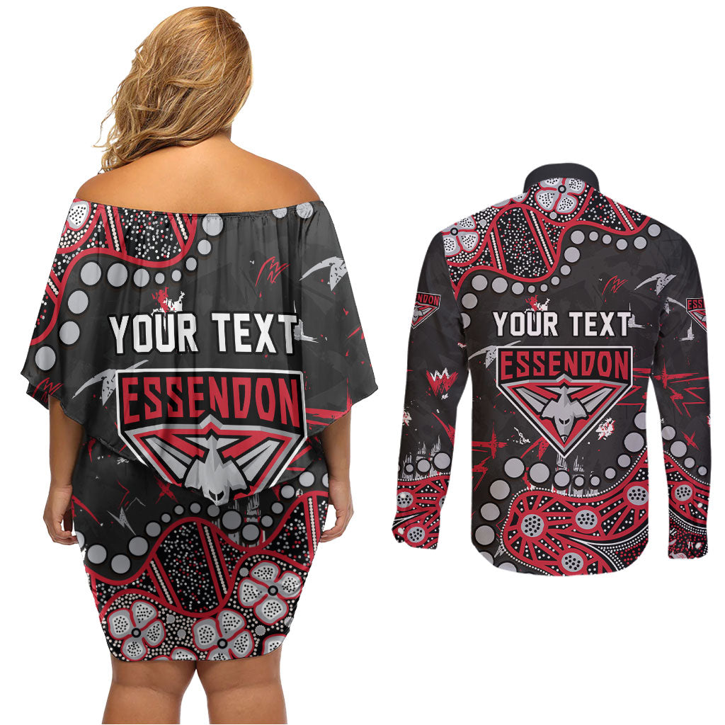 Personalized Essendon Bombers Couples Matching Off Shoulder Short Dress and Long Sleeve Button Shirt Aboriginal Pattern with Graffiti Style