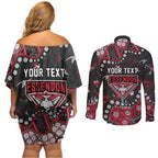Personalized Essendon Bombers Couples Matching Off Shoulder Short Dress and Long Sleeve Button Shirt Aboriginal Pattern with Graffiti Style