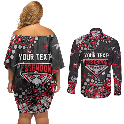 Personalized Essendon Bombers Couples Matching Off Shoulder Short Dress and Long Sleeve Button Shirt Aboriginal Pattern with Graffiti Style