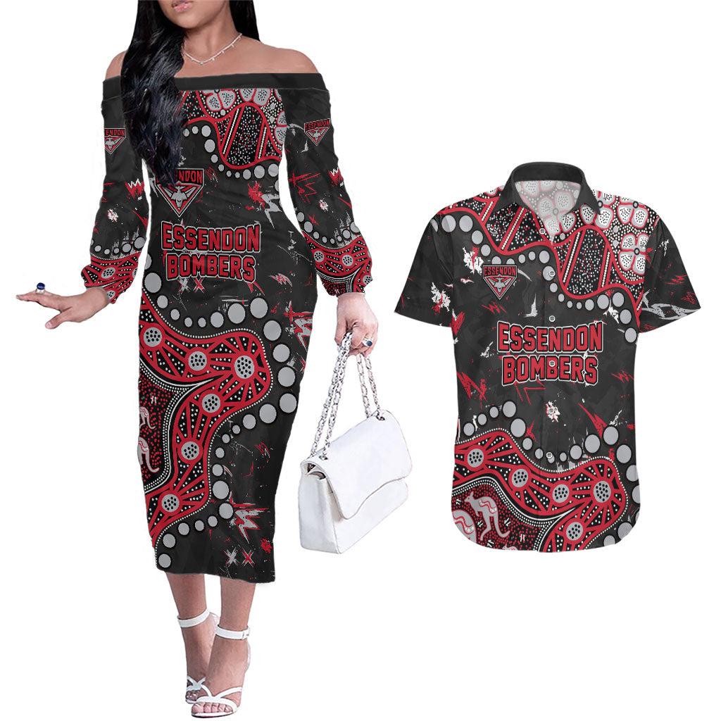 Personalized Essendon Bombers Couples Matching Off The Shoulder Long Sleeve Dress and Hawaiian Shirt Aboriginal Pattern with Graffiti Style