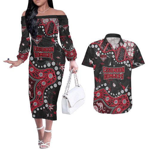 Personalized Essendon Bombers Couples Matching Off The Shoulder Long Sleeve Dress and Hawaiian Shirt Aboriginal Pattern with Graffiti Style