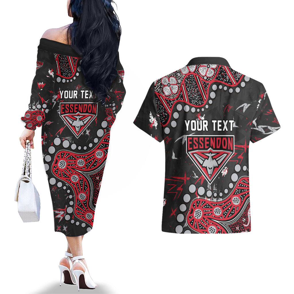Personalized Essendon Bombers Couples Matching Off The Shoulder Long Sleeve Dress and Hawaiian Shirt Aboriginal Pattern with Graffiti Style