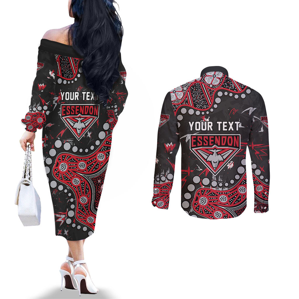 Personalized Essendon Bombers Couples Matching Off The Shoulder Long Sleeve Dress and Long Sleeve Button Shirt Aboriginal Pattern with Graffiti Style