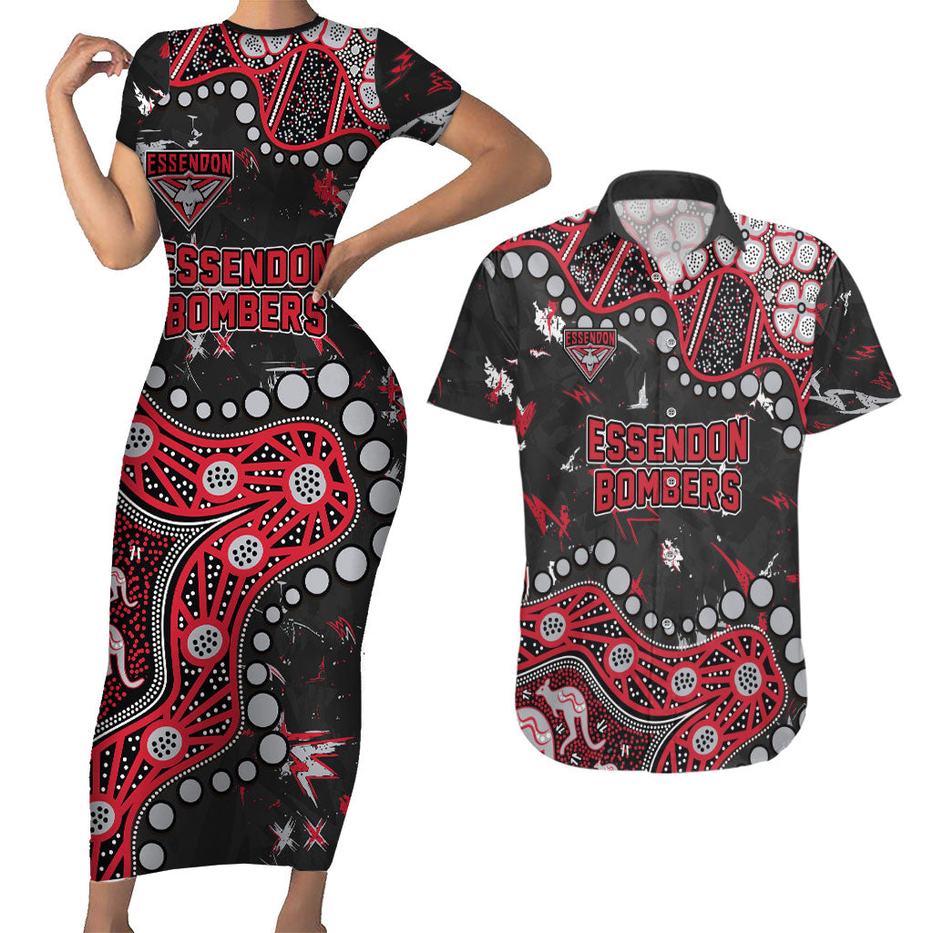 Personalized Essendon Bombers Couples Matching Short Sleeve Bodycon Dress and Hawaiian Shirt Aboriginal Pattern with Graffiti Style