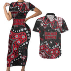Personalized Essendon Bombers Couples Matching Short Sleeve Bodycon Dress and Hawaiian Shirt Aboriginal Pattern with Graffiti Style