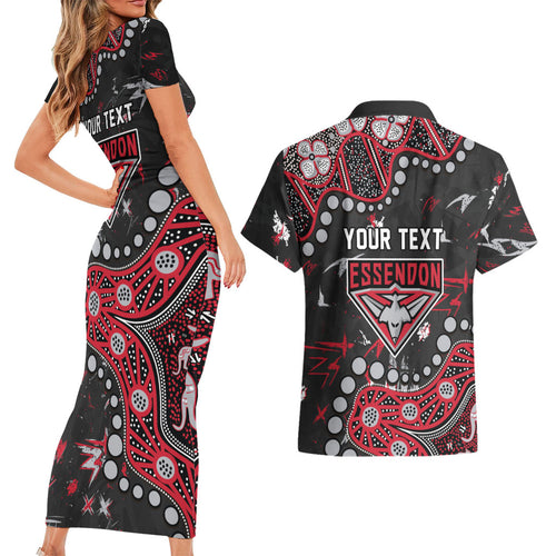 Personalized Essendon Bombers Couples Matching Short Sleeve Bodycon Dress and Hawaiian Shirt Aboriginal Pattern with Graffiti Style