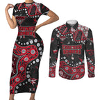 Personalized Essendon Bombers Couples Matching Short Sleeve Bodycon Dress and Long Sleeve Button Shirt Aboriginal Pattern with Graffiti Style