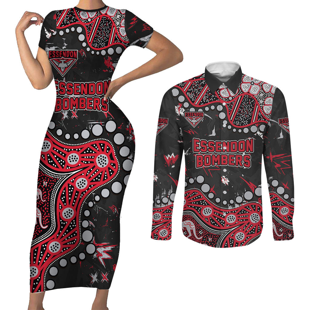 Personalized Essendon Bombers Couples Matching Short Sleeve Bodycon Dress and Long Sleeve Button Shirt Aboriginal Pattern with Graffiti Style