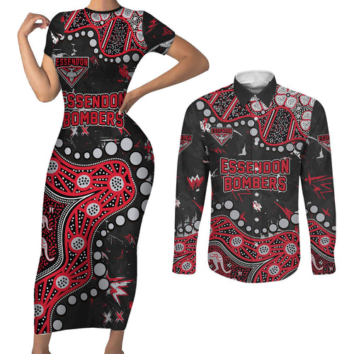 Personalized Essendon Bombers Couples Matching Short Sleeve Bodycon Dress and Long Sleeve Button Shirt Aboriginal Pattern with Graffiti Style