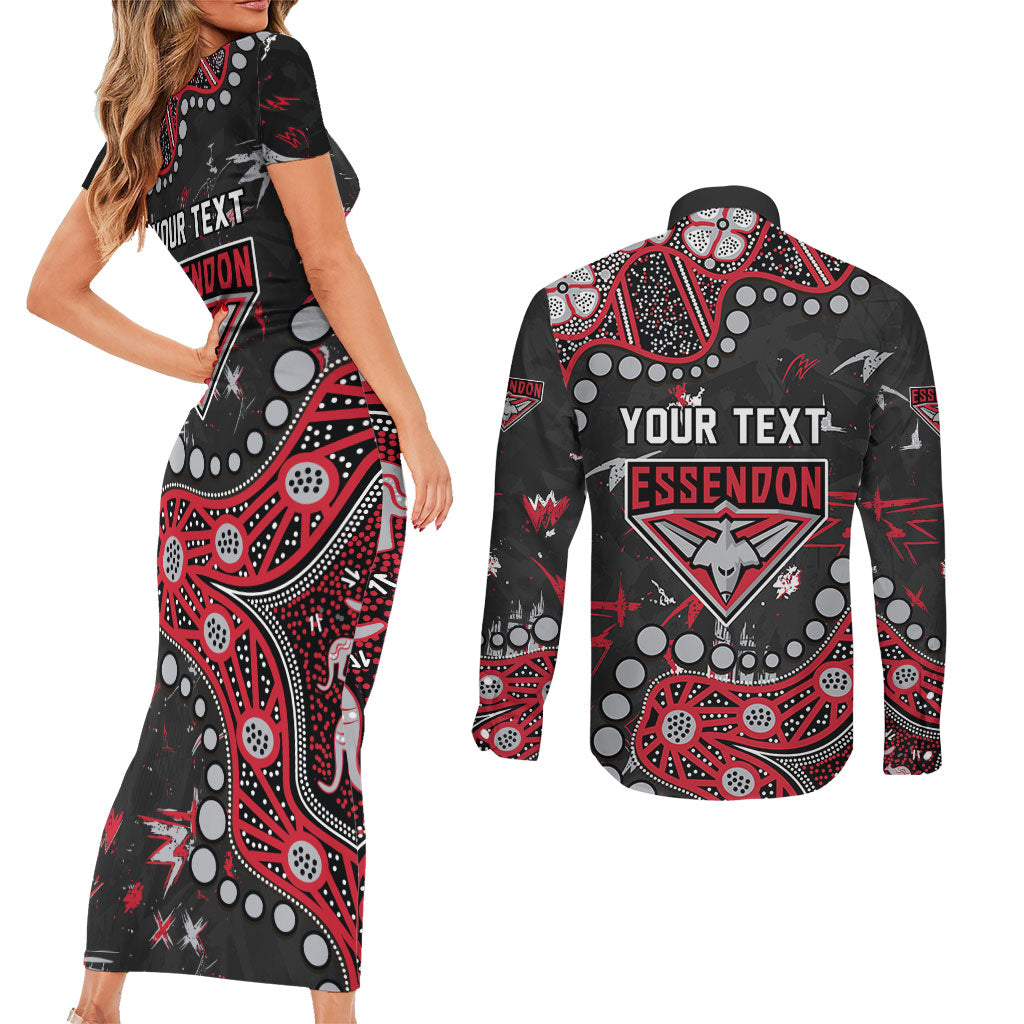 Personalized Essendon Bombers Couples Matching Short Sleeve Bodycon Dress and Long Sleeve Button Shirt Aboriginal Pattern with Graffiti Style