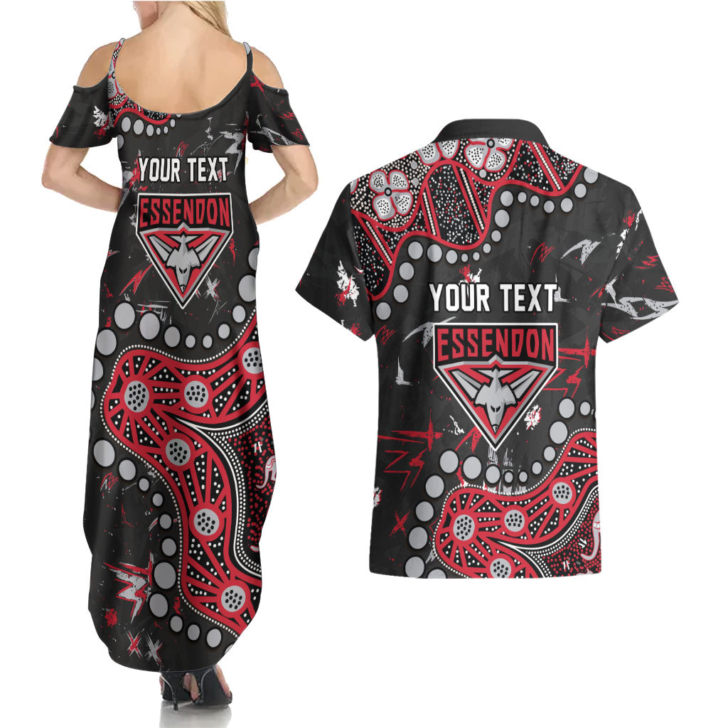 Personalized Essendon Bombers Couples Matching Summer Maxi Dress and Hawaiian Shirt Aboriginal Pattern with Graffiti Style