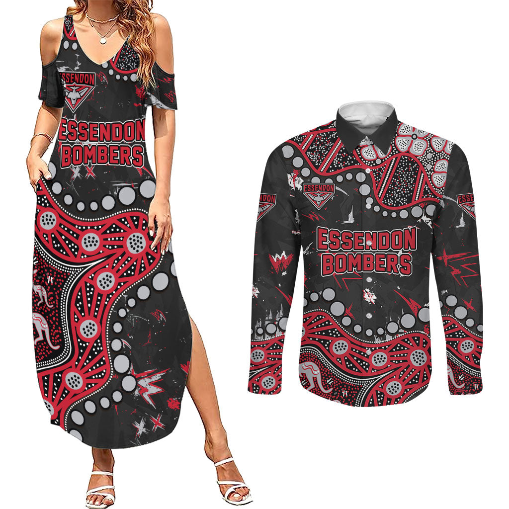 Personalized Essendon Bombers Couples Matching Summer Maxi Dress and Long Sleeve Button Shirt Aboriginal Pattern with Graffiti Style