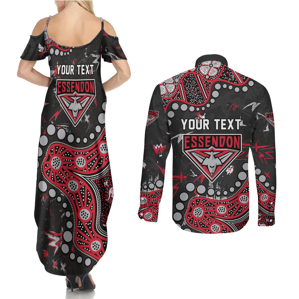 Personalized Essendon Bombers Couples Matching Summer Maxi Dress and Long Sleeve Button Shirt Aboriginal Pattern with Graffiti Style