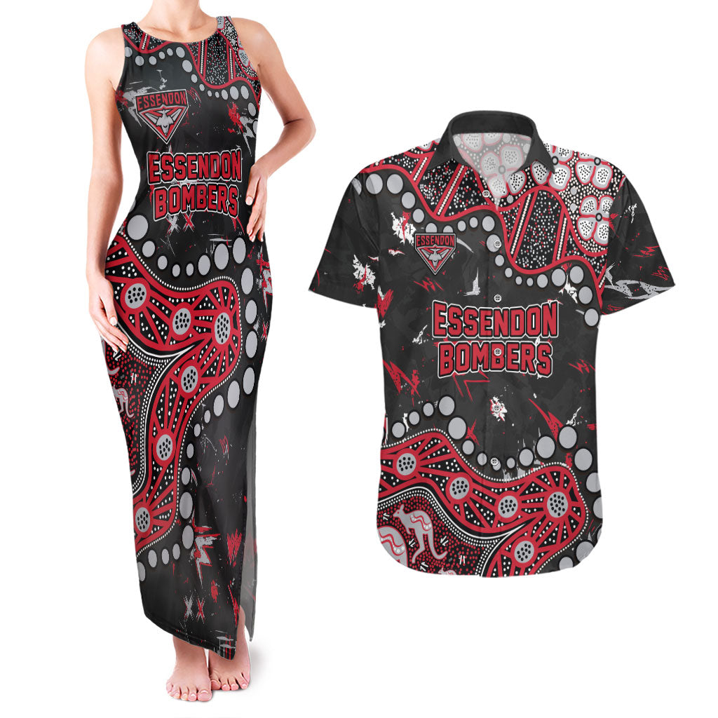 Personalized Essendon Bombers Couples Matching Tank Maxi Dress and Hawaiian Shirt Aboriginal Pattern with Graffiti Style