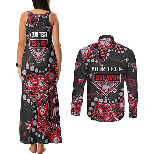 Personalized Essendon Bombers Couples Matching Tank Maxi Dress and Long Sleeve Button Shirt Aboriginal Pattern with Graffiti Style