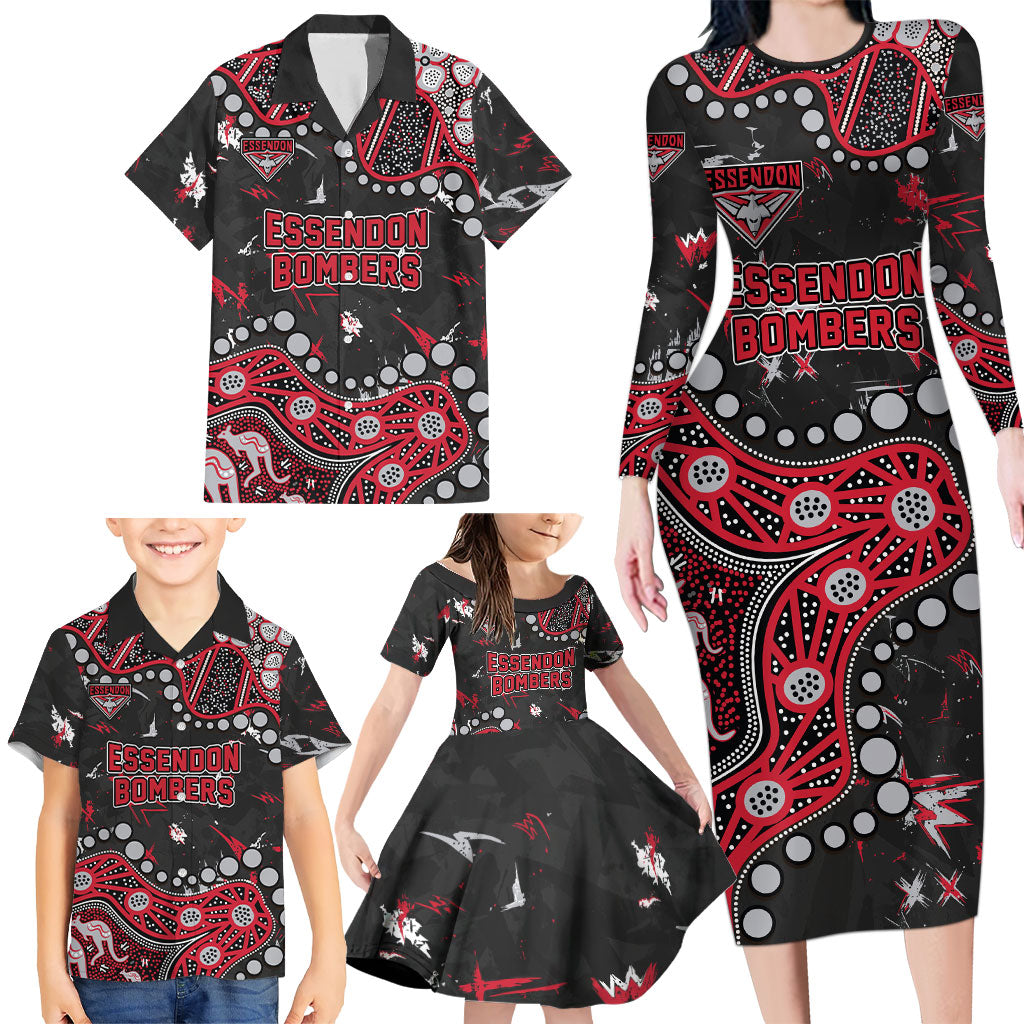 Personalized Essendon Bombers Family Matching Long Sleeve Bodycon Dress and Hawaiian Shirt Aboriginal Pattern with Graffiti Style