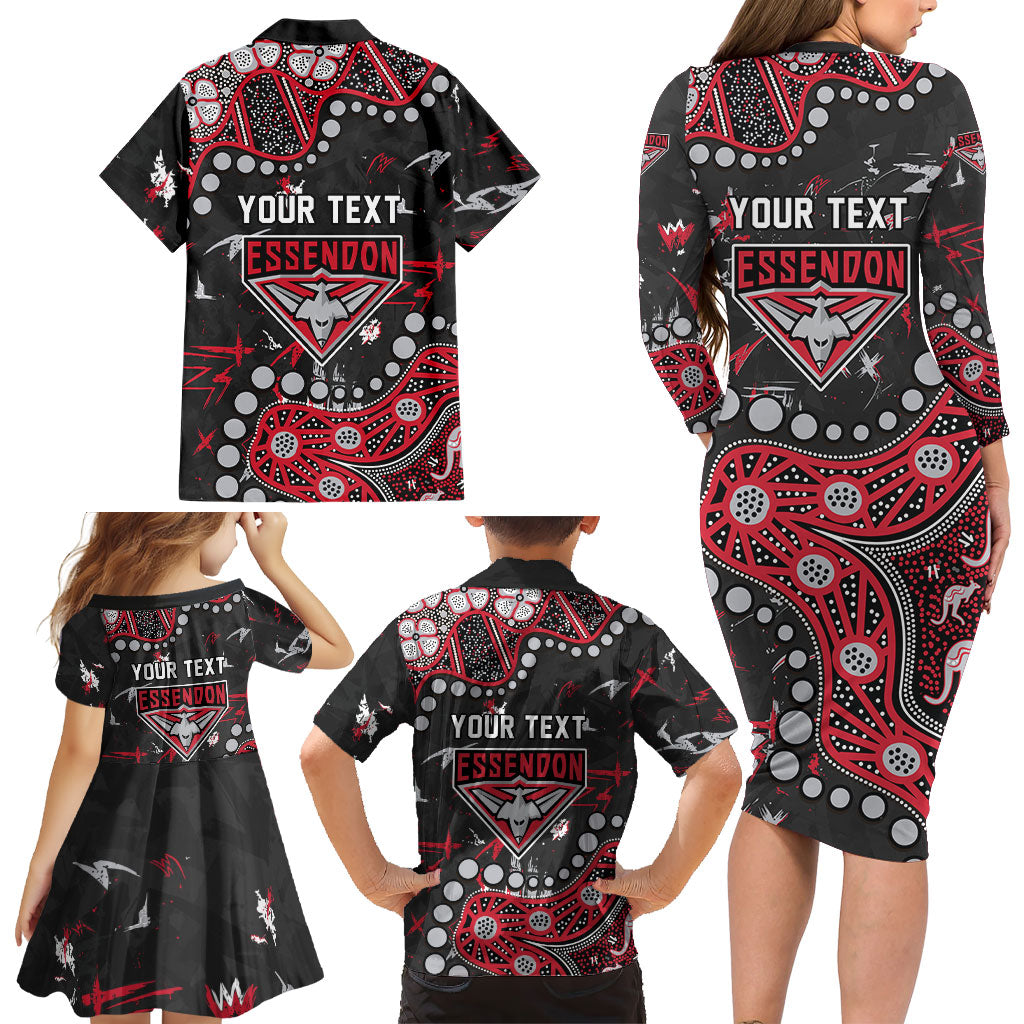 Personalized Essendon Bombers Family Matching Long Sleeve Bodycon Dress and Hawaiian Shirt Aboriginal Pattern with Graffiti Style