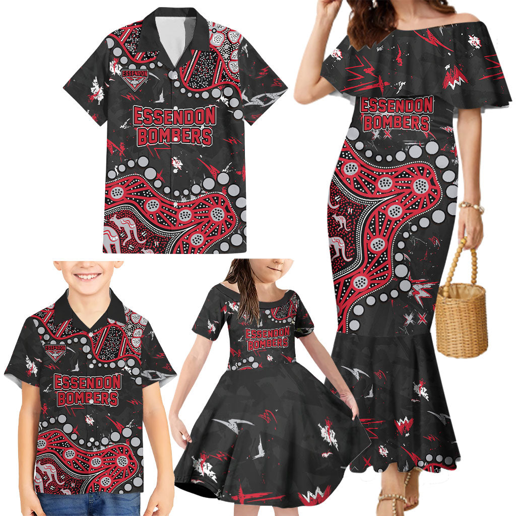 Personalized Essendon Bombers Family Matching Mermaid Dress and Hawaiian Shirt Aboriginal Pattern with Graffiti Style