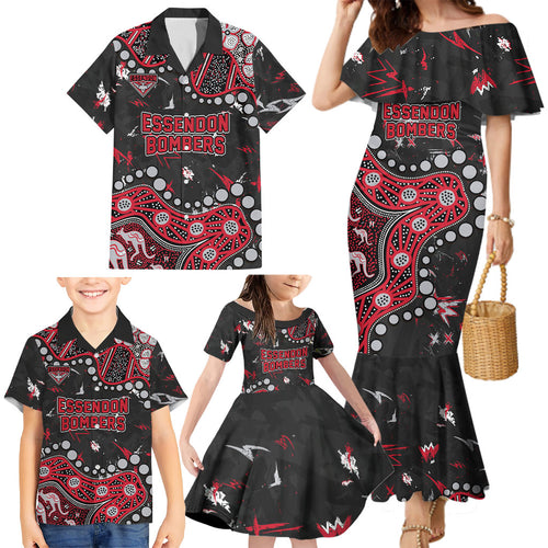 Personalized Essendon Bombers Family Matching Mermaid Dress and Hawaiian Shirt Aboriginal Pattern with Graffiti Style