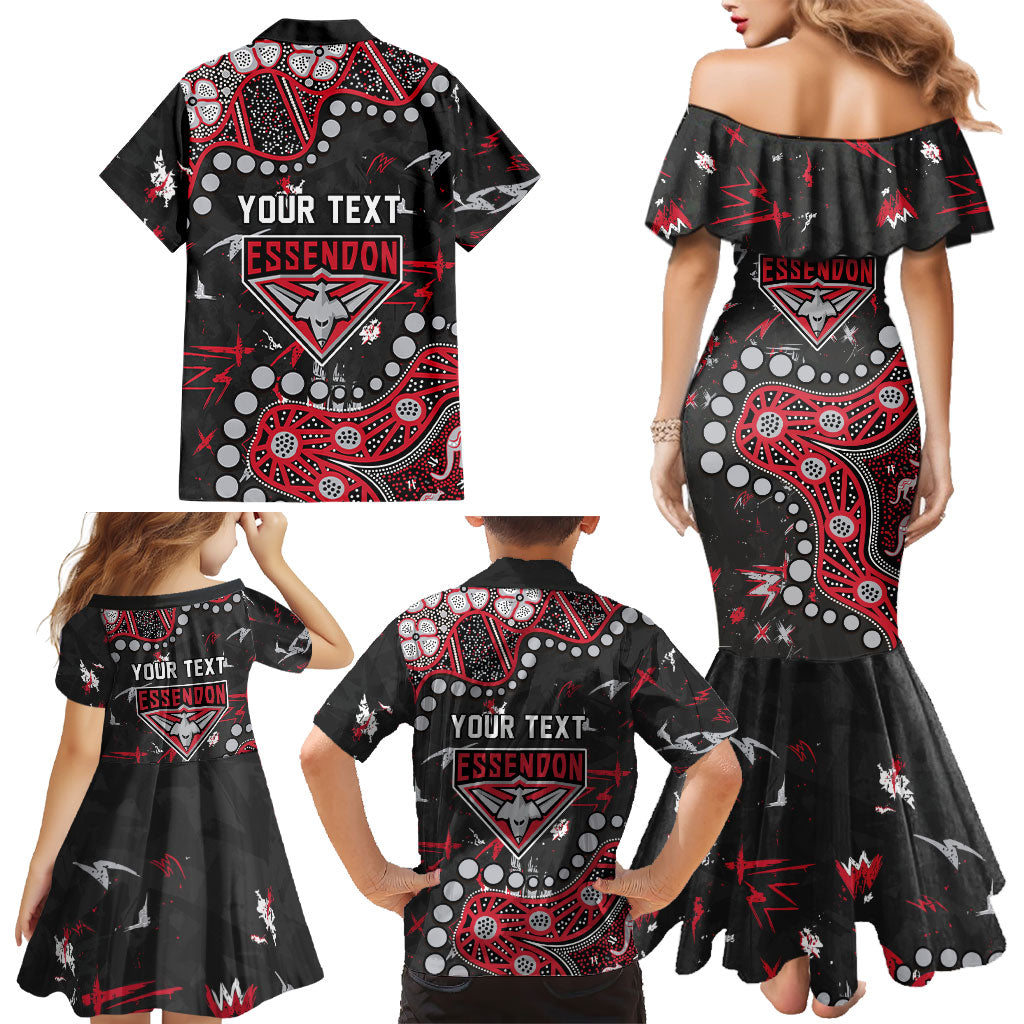 Personalized Essendon Bombers Family Matching Mermaid Dress and Hawaiian Shirt Aboriginal Pattern with Graffiti Style