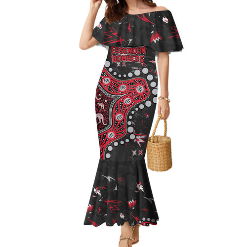 Personalized Essendon Bombers Family Matching Mermaid Dress and Hawaiian Shirt Aboriginal Pattern with Graffiti Style