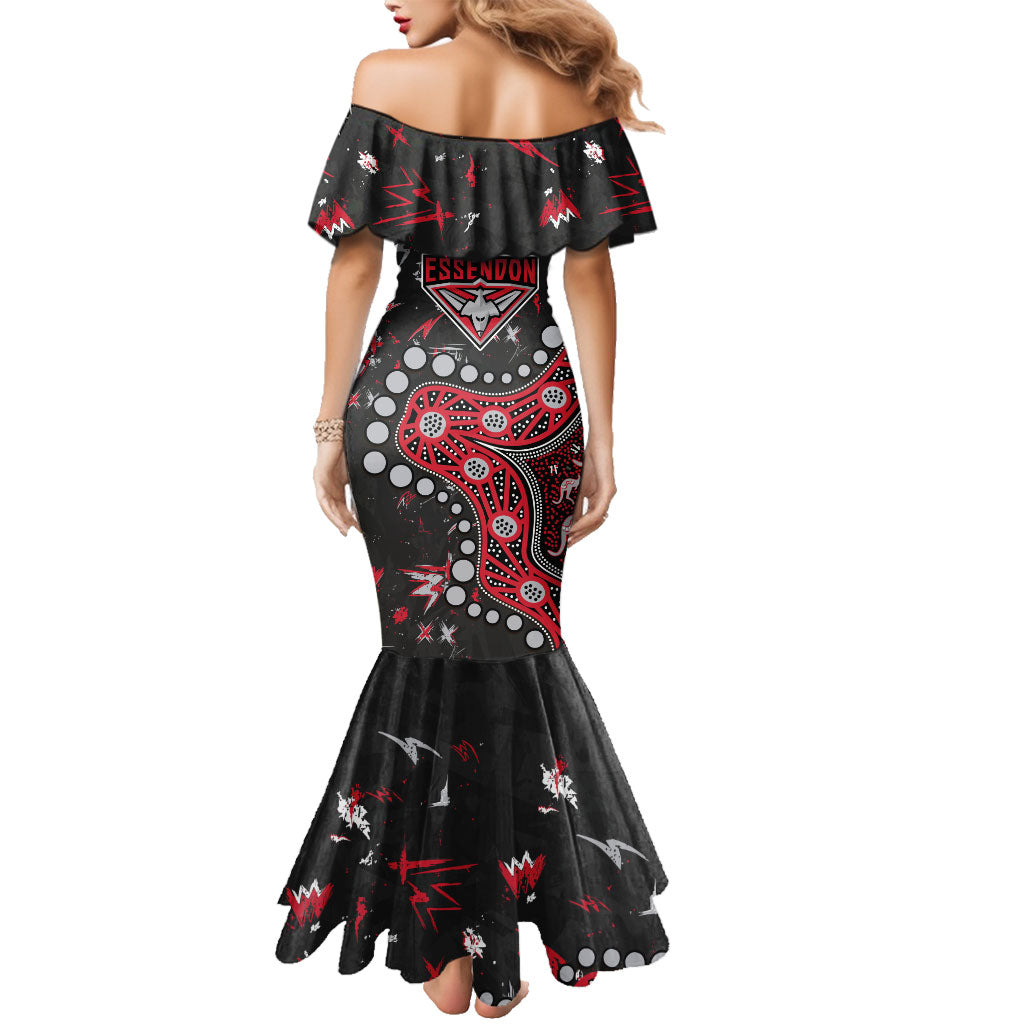 Personalized Essendon Bombers Family Matching Mermaid Dress and Hawaiian Shirt Aboriginal Pattern with Graffiti Style