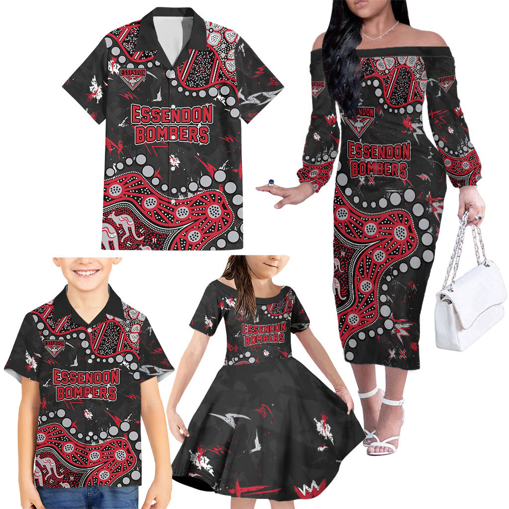 Personalized Essendon Bombers Family Matching Off The Shoulder Long Sleeve Dress and Hawaiian Shirt Aboriginal Pattern with Graffiti Style