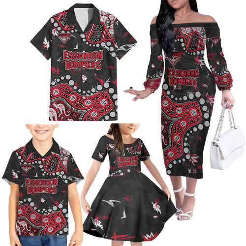 Personalized Essendon Bombers Family Matching Off The Shoulder Long Sleeve Dress and Hawaiian Shirt Aboriginal Pattern with Graffiti Style